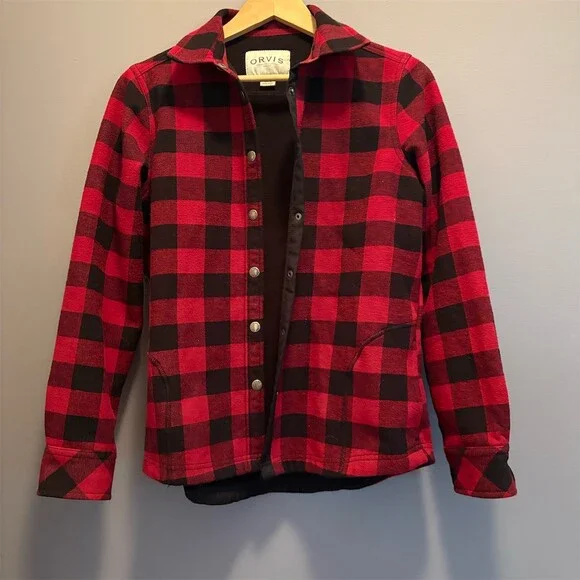 Orvis Jacket Womens Size S Red Black Buffalo Plaid Fleece Lined Snap Front - Picture 1 of 8